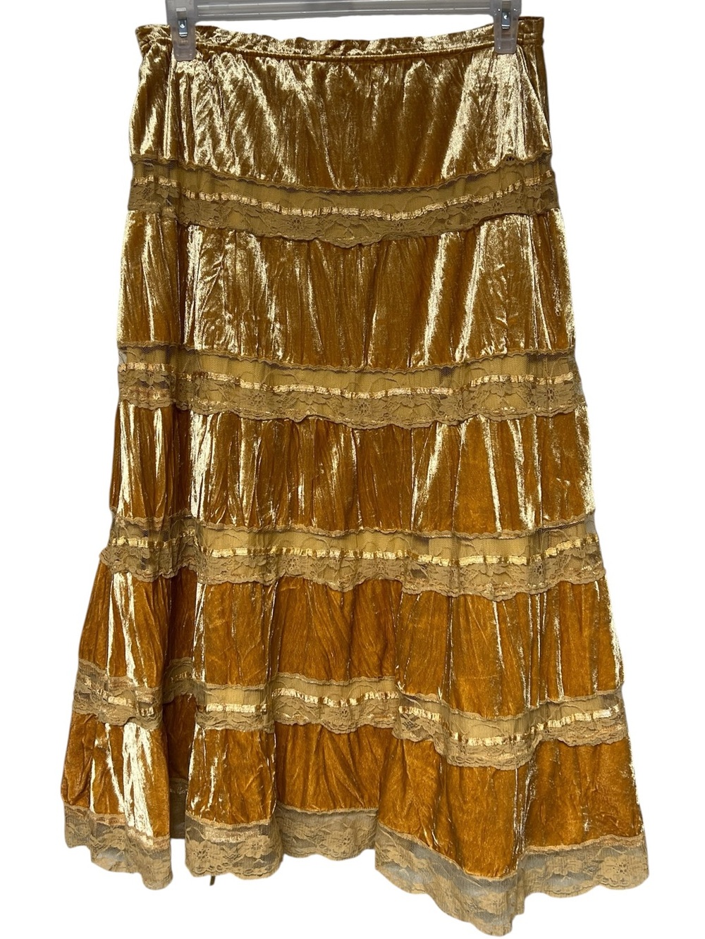 Passport vintage mustard velvet and lace tiered bow midi skirt boho feminine - Picture 2 of 12